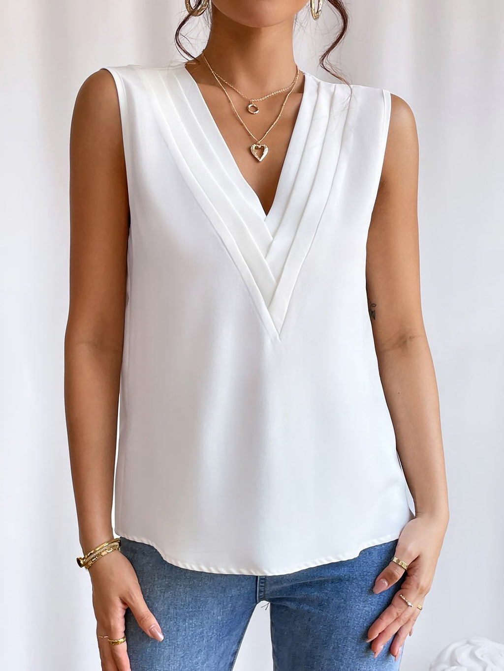 Elegantes A Linie Plissiert V Ausschnitt Ärmellos Unifarben Top