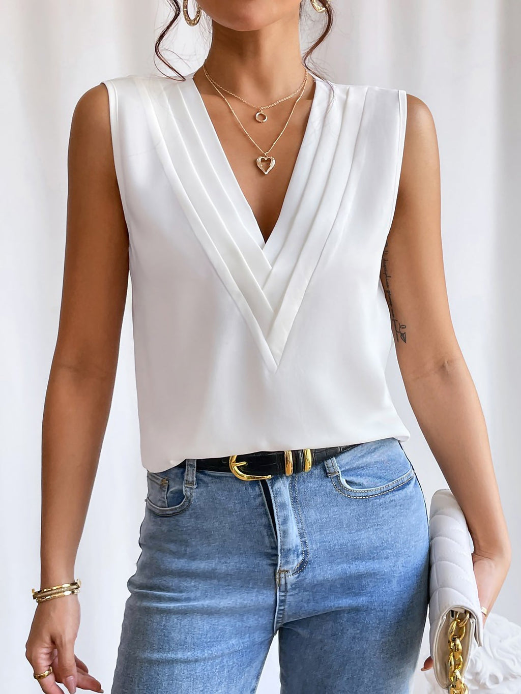 Elegantes A Linie Plissiert V Ausschnitt Ärmellos Unifarben Top
