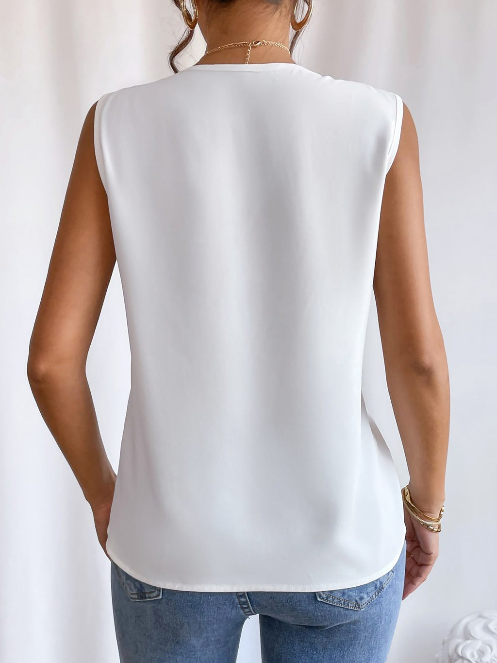 Elegantes A Linie Plissiert V Ausschnitt Ärmellos Unifarben Top
