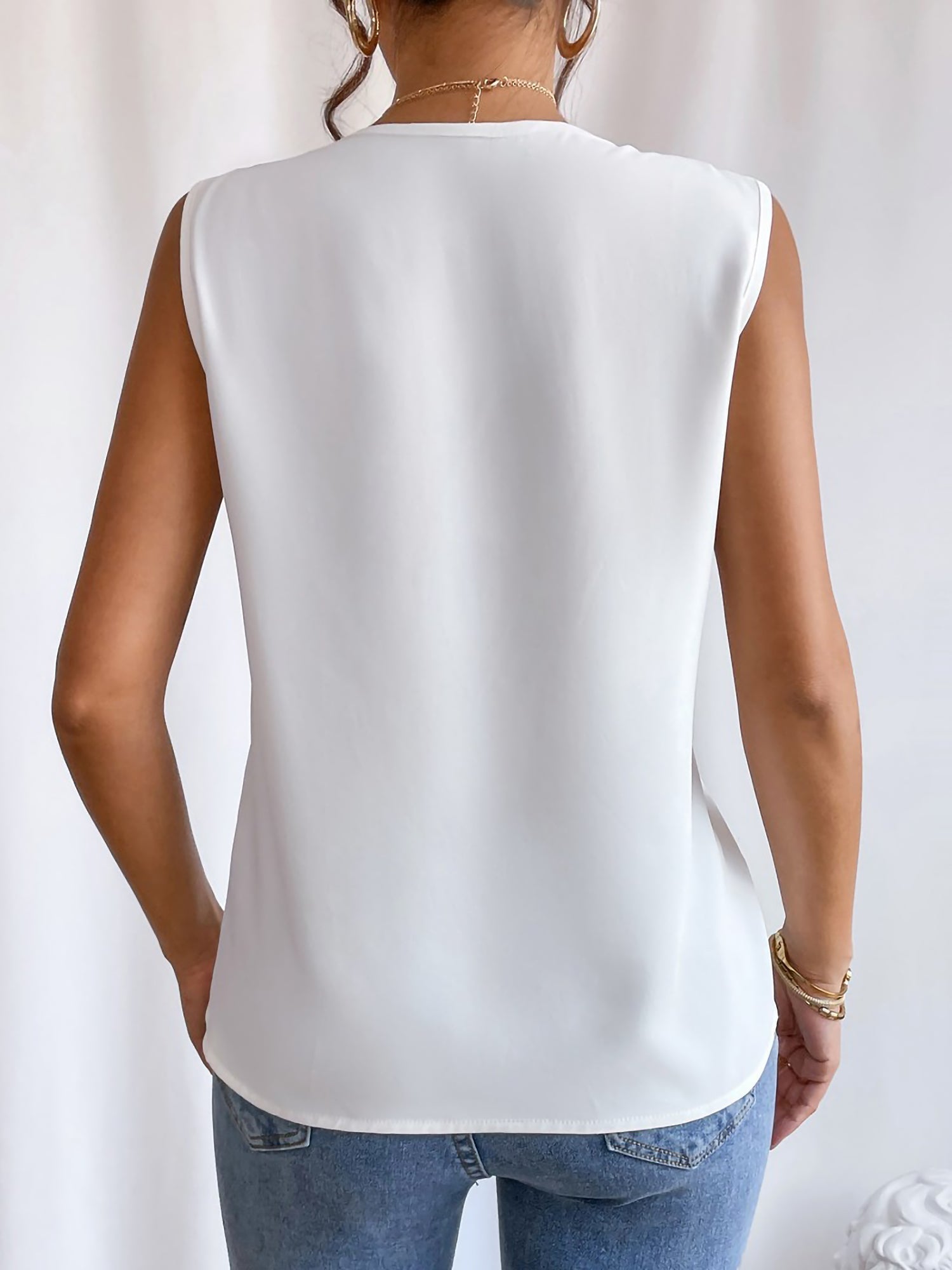 Elegantes A Linie Plissiert V Ausschnitt Ärmellos Unifarben Top