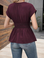Schmeichelhafte V Ausschnitt Rüschen Peplum Bluse Kurzarm Figurfreundlich Büro und Date