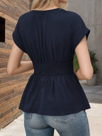 Schmeichelhafte V Ausschnitt Rüschen Peplum Bluse Kurzarm Figurfreundlich Büro und Date