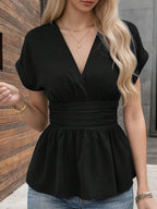 Schmeichelhafte V Ausschnitt Rüschen Peplum Bluse Kurzarm Figurfreundlich Büro und Date