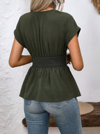 Schmeichelhafte V Ausschnitt Rüschen Peplum Bluse Kurzarm Figurfreundlich Büro und Date