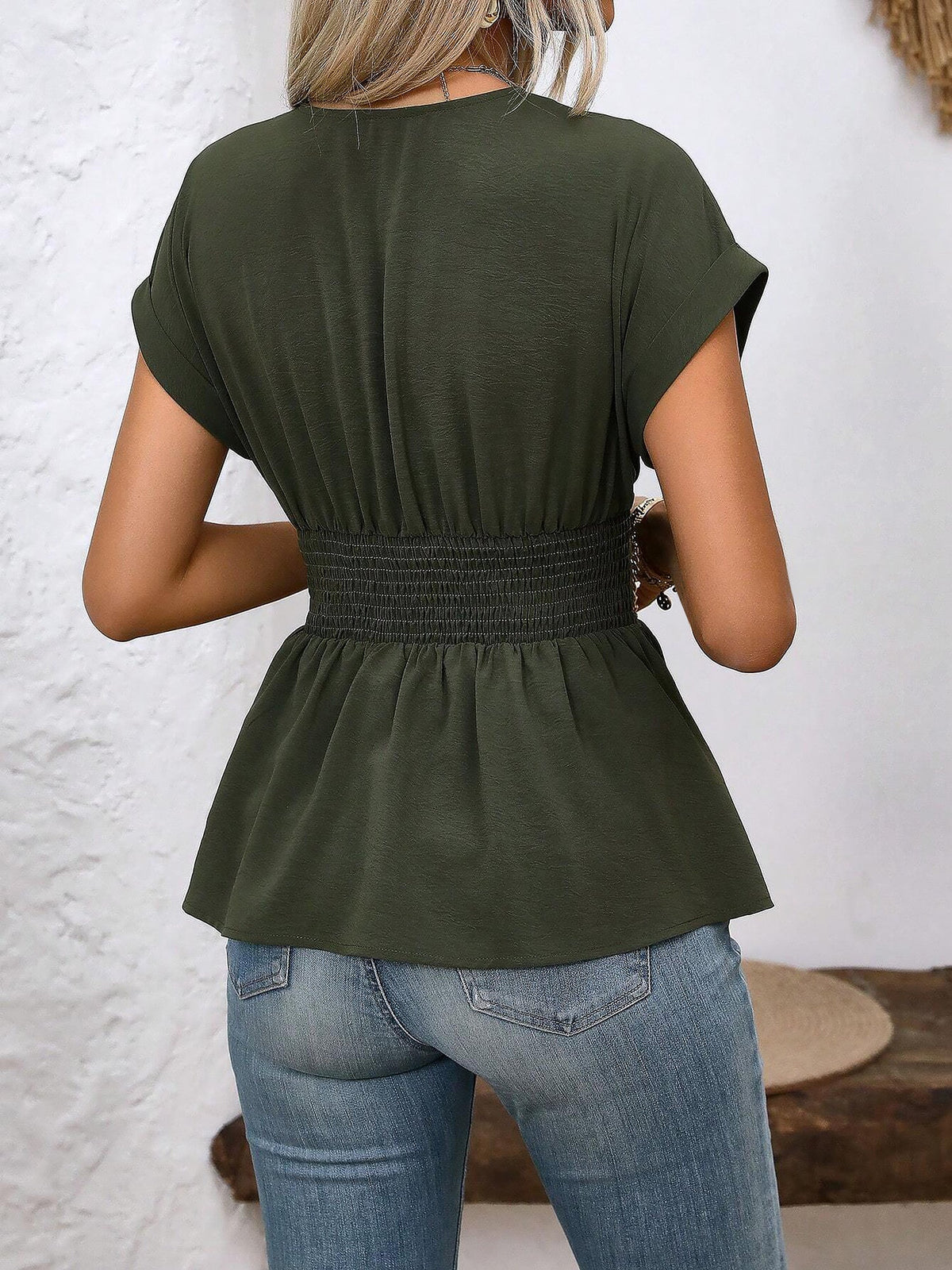 Schmeichelhafte V Ausschnitt Rüschen Peplum Bluse Kurzarm Figurfreundlich Büro und Date