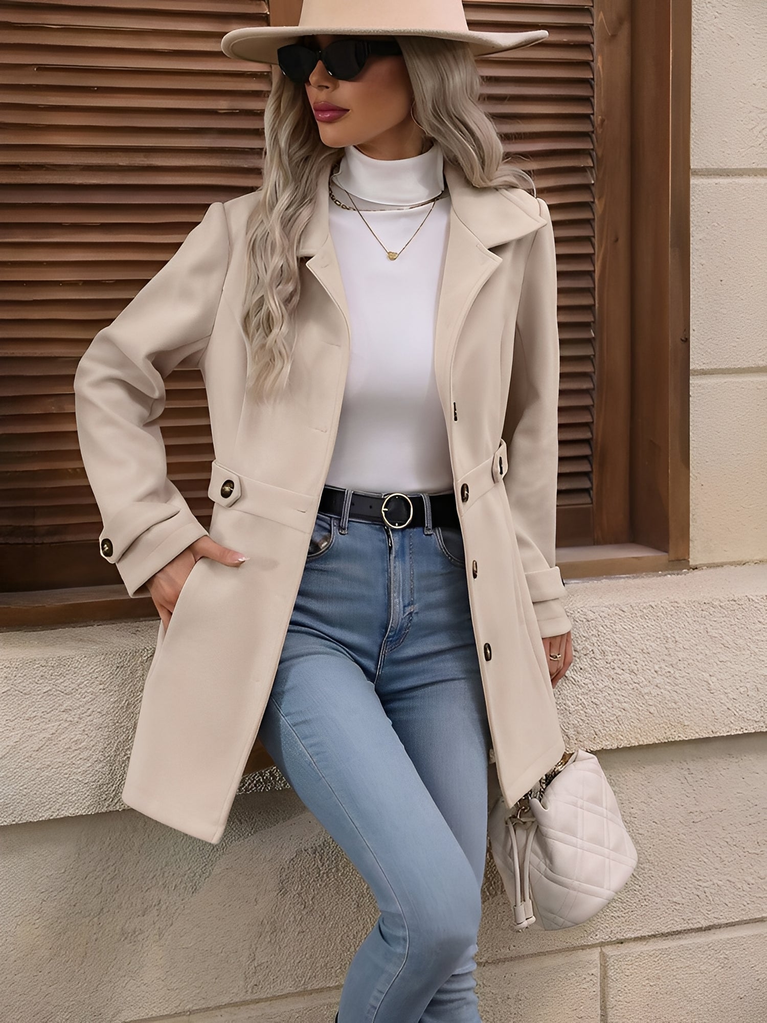 Damen Mantel mit Reverskragen und Knopfleiste