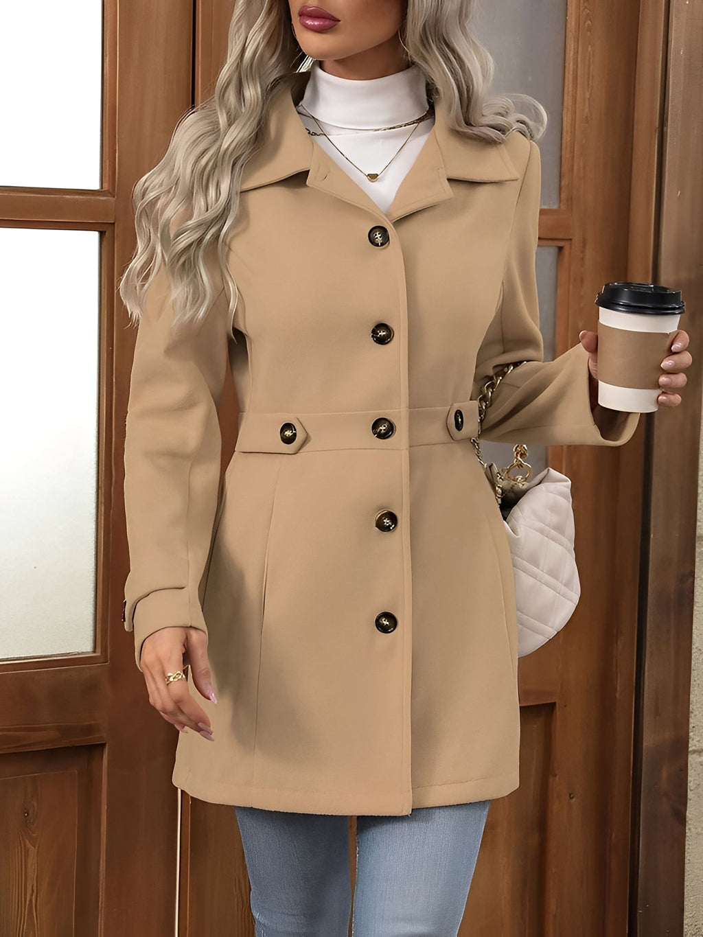 Damen Mantel mit Reverskragen und Knopfleiste
