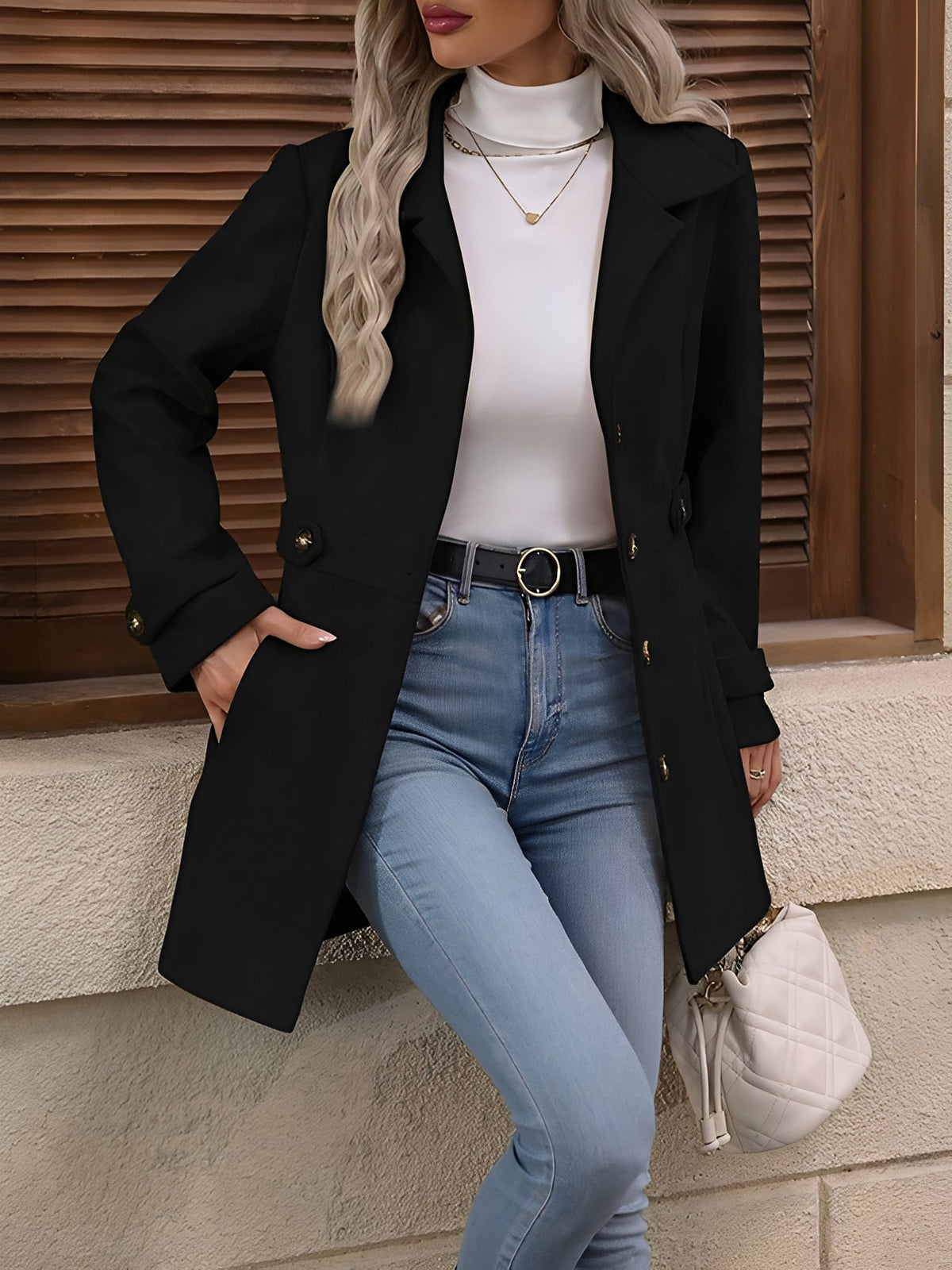 Damen Mantel mit Reverskragen und Knopfleiste