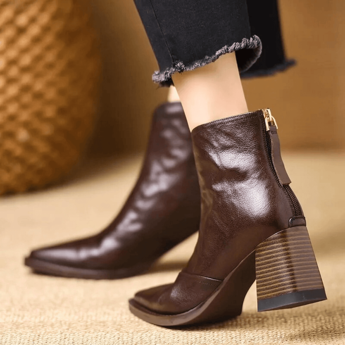 Damen Stiefeletten mit Blockabsatz und Reissverschluss