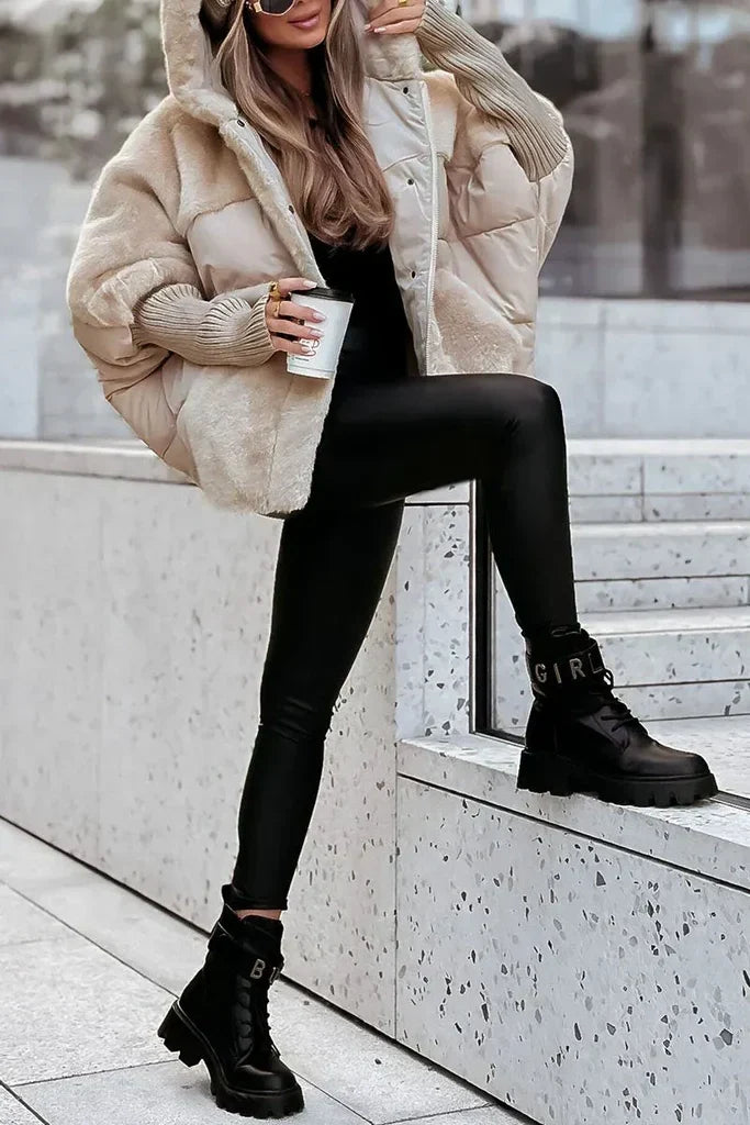 Damen Winter Daunenjacke mit Pelzkragen und Kapuze
